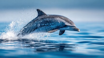 A dolphin gracefully leaps from the water, creating a stunning splash in the vast ocean.