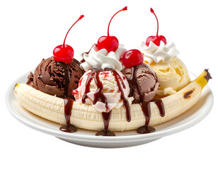 Classic Banana Split with Three Scoops of Ice Cream and Whipped Cream, Isolated on White Plate