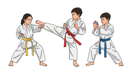 Karate Kids: An illustration capturing three young karate practitioners in dynamic stances, showcasing the art of discipline and strength through their focused training. © Azizun