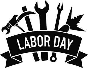 Labor day celebration banner with industrial tools silhouette design
