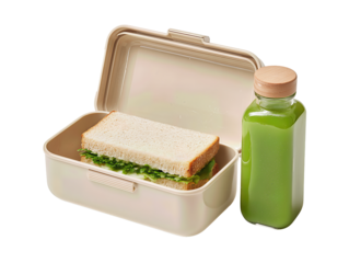 A beige lunchbox with a sandwich half and a small green juice bottle on the side, isolated on transparent background.
