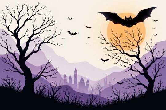 abstract halloween card using negative space to highlight jagged black shards, smooth orange arcs, subtle purple haze for minimalist contemporary spooky effect.