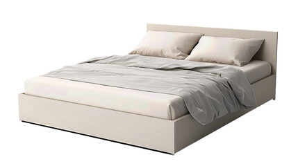 A low modern platform bed with plain headboard and fitted sheet, neutral tone, isolated on transparent background.
