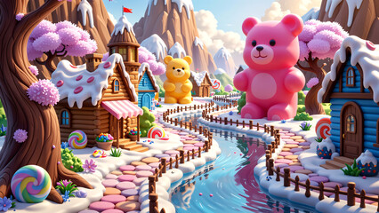 Sweet Candy Land Landscape with Gummy Bears and Candy Houses