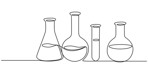 lab chemical glass continuous one line drawing, Minimalist glassware for laboratory research, Laboratory glass equipment sign, Flask and beaker and laboratory test tube., Medical And Healthcare Icon. © line drawing