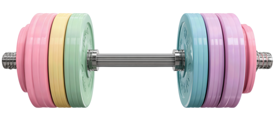 A short barbell with pastel-colored plates and visible knurling, horizontal setup, isolated on transparent background.
