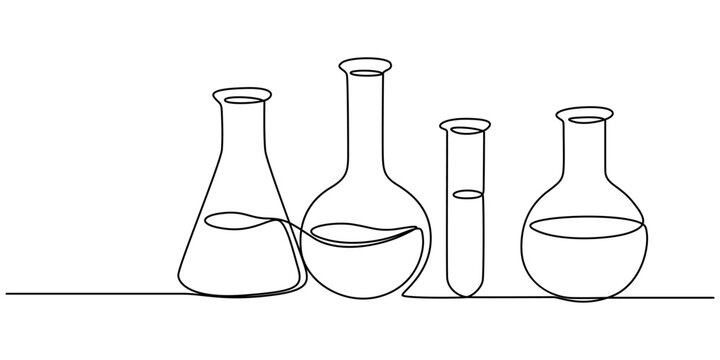 lab chemical glass continuous one line drawing, Minimalist glassware for laboratory research, Laboratory glass equipment sign, Flask and beaker and laboratory test tube., Medical And Healthcare Icon.