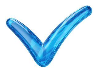 A glossy blue gel check mark with rounded ends and subtle translucency, isolated on transparent background.
