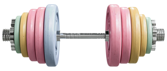 A short barbell with pastel-colored plates and visible knurling, horizontal setup, isolated on transparent background.
