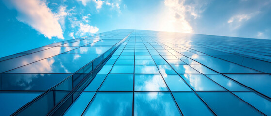 The modern glass building reflects the sky and clouds, emphasizing architectural achievements and business style, suitable for articles on business and urban development.