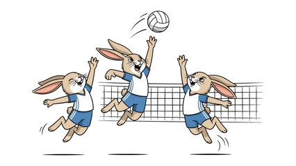 Dynamic Play: A vibrant illustration captures playful bunnies passionately engaged in a thrilling volleyball match, showcasing teamwork and competitive spirit in a lighthearted scene.