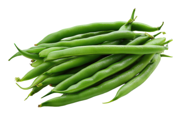 A pile of fresh green beans aligned mostly parallel with intact tips, matte surface, isolated on transparent background.
