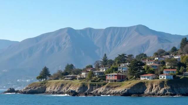 Houses among green trees growing at the rocky coast of California. Majestic bare mountains at the backdrop of blue clear sky. Vertical