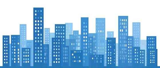 Obraz premium A flat blue row of blocky city buildings with simple windows and even skyline, isolated on transparent background. 