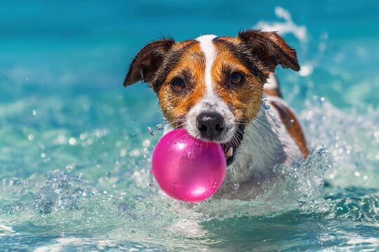 An energetic mixed breed dog frolics with a pink balloon in the clear blue Adriatic Sea joyfully jumping and swimming after its new toy savoring a summer day on the gorgeous beach