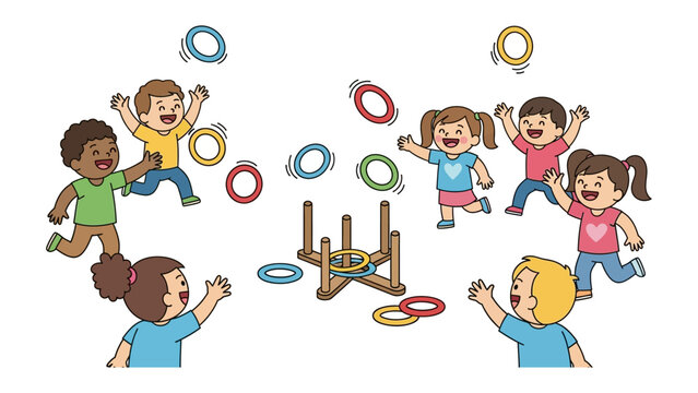 Ring Toss Fun: A playful illustration of diverse kids gleefully engaged in a ring toss game. Capture the energy and amusement of childhood.