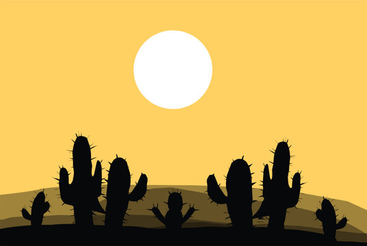 Silhouette of cactus on dessert vector illustration