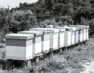 Rows of beehives in a rural landscape