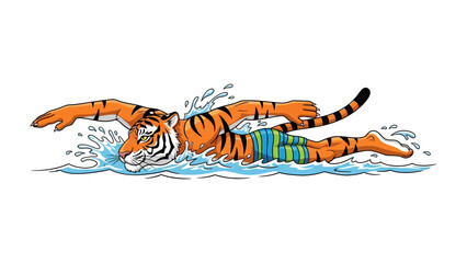 Swimming Tiger: A vibrant illustration of a tiger playfully immersed in water, showcasing its athletic prowess as it gracefully navigates the aquatic element in an animated representation.