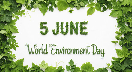A typographic design featuring the number 5 and the text "June 5 – World Environment Day" adorned with fresh green leaves. The minimalist look is perfect for eco-friendly campaigns and graphic design.