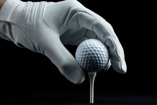 Gloved hands for golf Place the ball on the white tee against a black backdrop