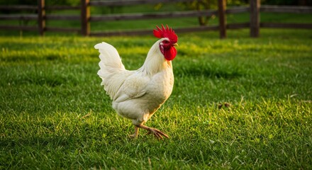 Fototapeta premium Sun-Kissed White Rooster Strutting Proudly Across a Lush Green Farm Meadow.