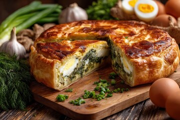 Close up of a tasty homemade pie filled with boiled eggs green onions parsley dill and spinach on a wooden table