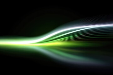 Abstract light trails, flowing green and white lines reflected on dark surface