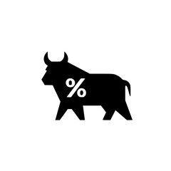 Bull and percentage icon showing bullish market finance economy interest and investment return