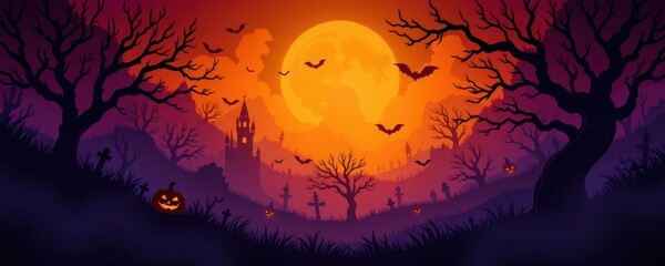 halloween poster artwork with layered shadows of jagged black shapes, soft orange glow, subtle purple haze, negative space creating spooky narrative effect.