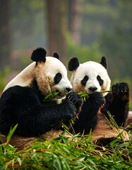 Fototapeta premium Pandas Eating Bamboo in Forest