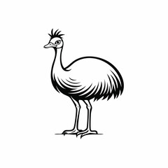 Emu bird simple black line art image, Black bold outline vector icon, Bird vector illustration