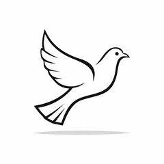 Dove bird simple black line art image, Black bold outline vector icon, Bird vector illustration