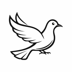 Dove bird simple black line art image, Black bold outline vector icon, Bird vector illustration