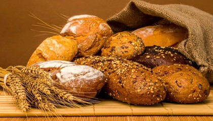 A rustic still life composition featuring an assortment of freshly baked whole grain and rye breads with textured surfaces, alongside golden wheat stalks
