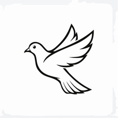 Dove bird simple black line art image, Black bold outline vector icon, Bird vector illustration