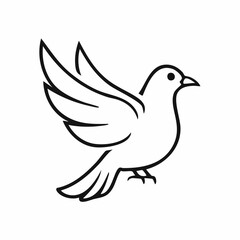 Dove bird simple black line art image, Black bold outline vector icon, Bird vector illustration