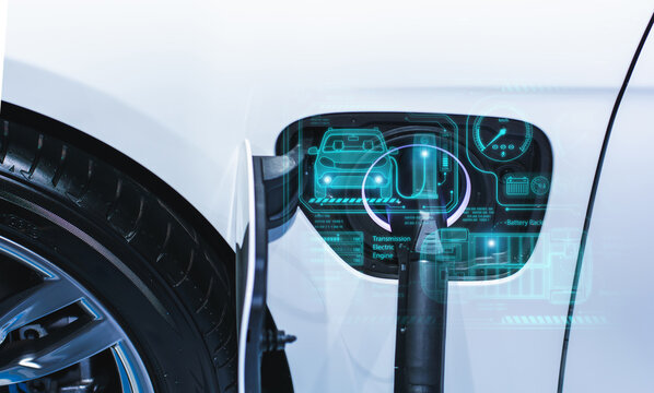 Close-up of an electric car charging port with futuristic digital interface overlay, symbolizing clean energy, smart technology, and modern transportation solutions.