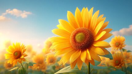 Obraz premium Close-up of a vibrant yellow sunflower in a field with other sunflowers under a bright blue sky.