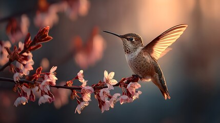Fototapeta premium A small hummingbird with outstretched wings perches delicately on a flowe branch at golden hour light.