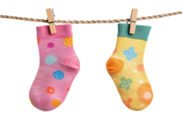 Pair of colorful children socks with patterns hanging on clothesline isolated on transparent background