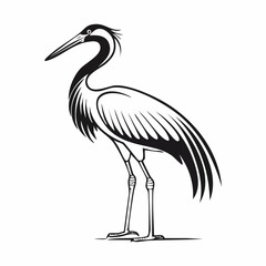 Crane bird simple black line art image, Black bold outline vector icon, Bird vector illustration