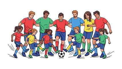 Teamwork in Motion: a vibrant illustration captures the excitement of a soccer game, with players of diverse ages and backgrounds uniting in dynamic poses to celebrate the beautiful game. 