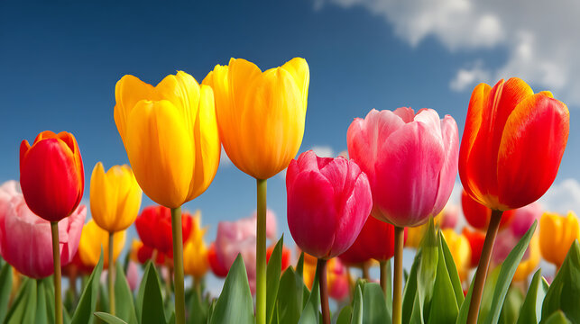 Close-up of vibrant tulips in full bloom against a clear blue sky with soft clouds. - Powered by Adobe