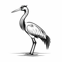 Crane bird simple black line art image, Black bold outline vector icon, Bird vector illustration
