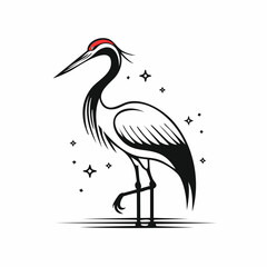 Crane bird simple black line art image, Black bold outline vector icon, Bird vector illustration
