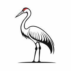 Crane bird simple black line art image, Black bold outline vector icon, Bird vector illustration