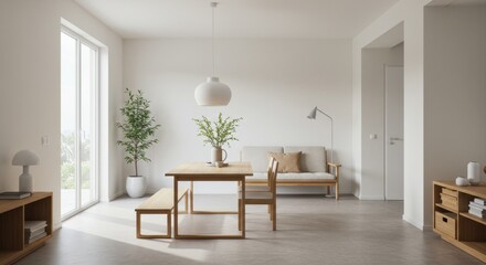 Bright Minimalist Apartment Interior with Wooden Dining Table and Beige Sofa