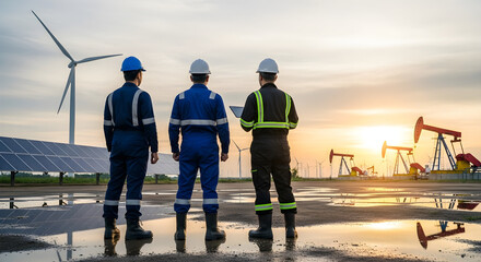 Engineers assess diverse energy sources, encompassing wind, solar, and traditional oil, under a vibrant sunset.