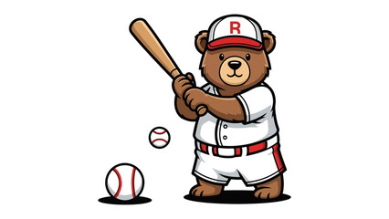 Playful Bear Baseball: A charming illustration of a bear in baseball attire, ready to swing, baseball, sports. The image focuses on the joy of baseball and sporting events.